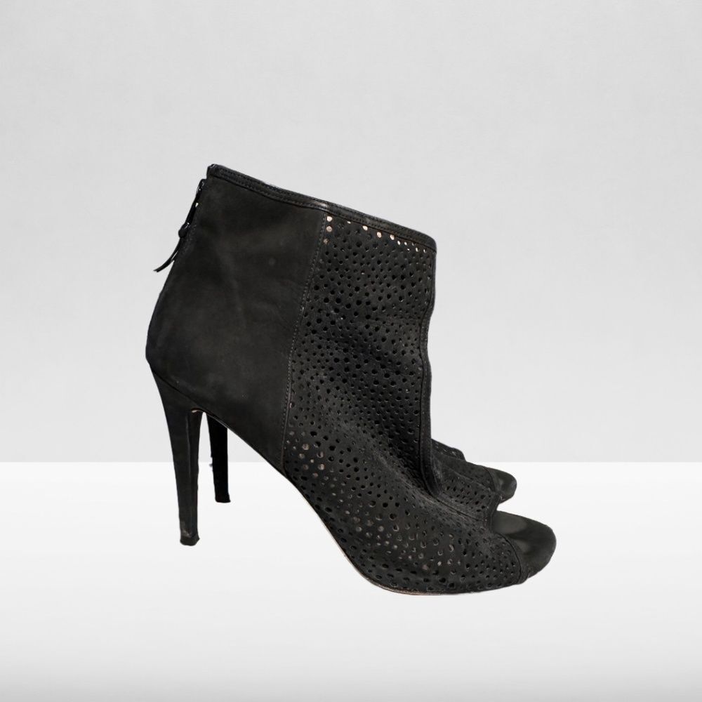 Stuart Weitzman In & Out Black Nubuck Open Toe Stiletto Ankle Bootie Size 9